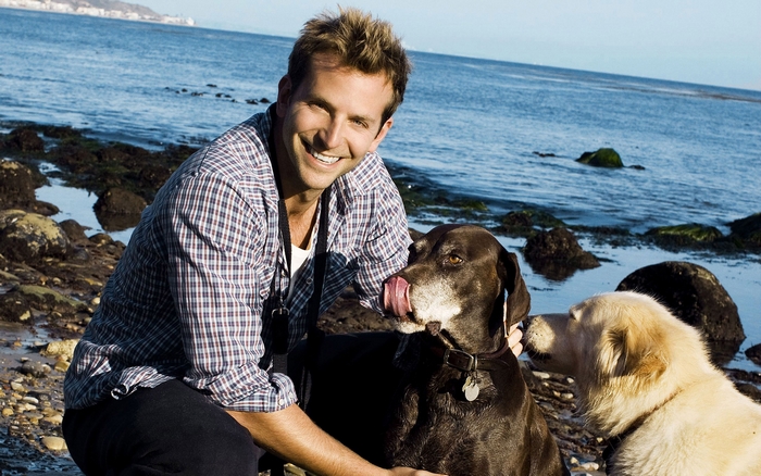 Bradley Cooper with two dogs on a rocky beach