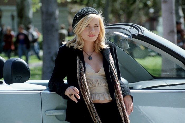 Elisha Cuthbert leaning on a convertible car
