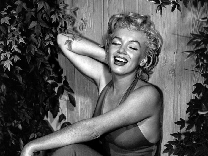 Marilyn Monroe laughing by a wooden fence