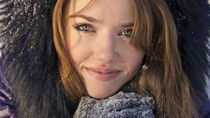 Woman in a fur-lined hood with snow
