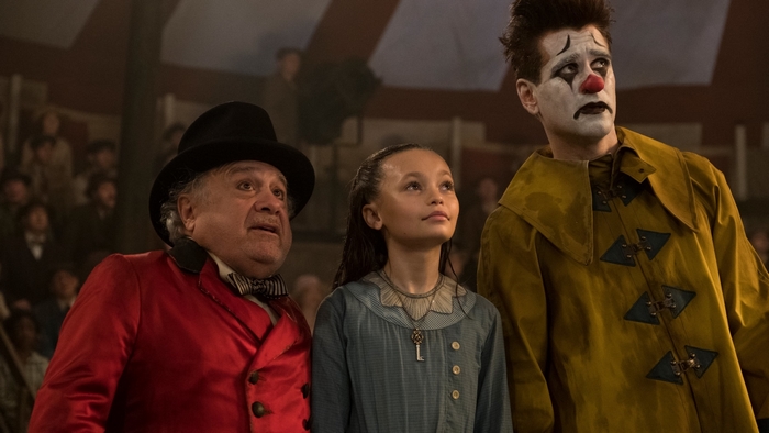 Danny DeVito, Millie Bobby Brown, and Colin Farrell in Dumbo