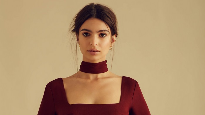 Emily Ratajkowski in a maroon dress