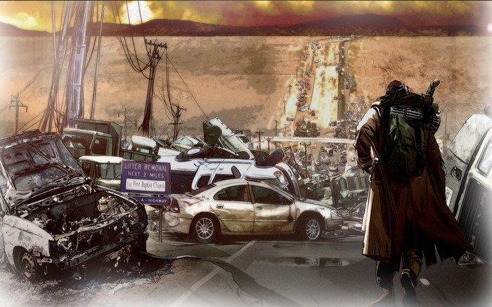 Post-apocalyptic scene with a lone traveler