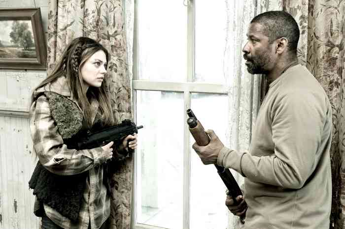 Denzel Washington and young woman with guns