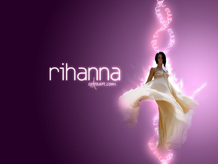 Rihanna in a flowing dress with text
