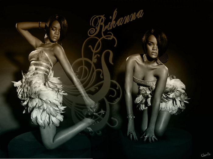 Rihanna in a feathered dress