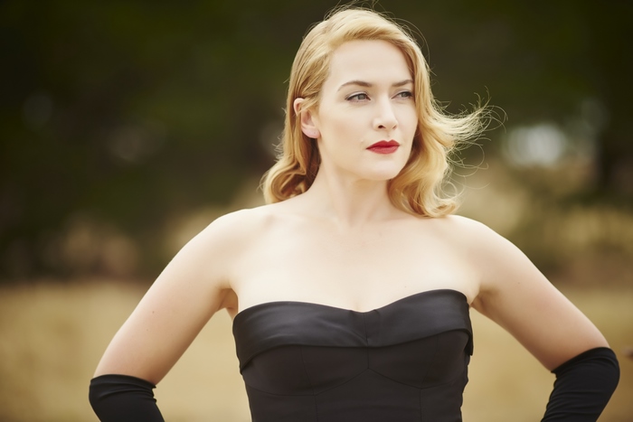 Kate Winslet in a black strapless dress