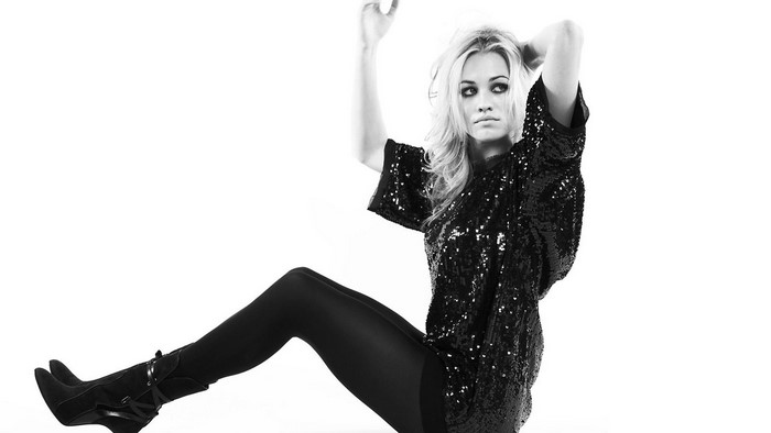 Yvonne Strahovski in sequined dress and boots
