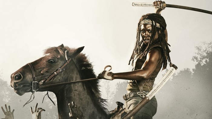 Michonne from The Walking Dead on horseback