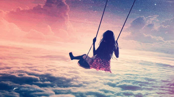 Girl on swing in clouds and stars