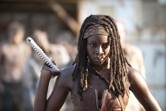 Michonne from The Walking Dead holding a sword