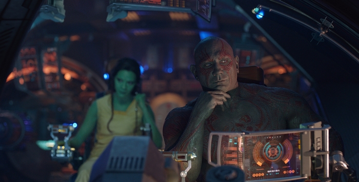 Drax and Gamora in a spaceship cockpit