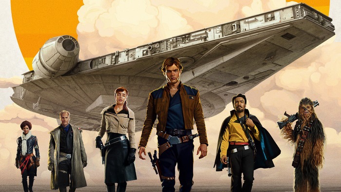 Characters from Solo: A Star Wars Story with the Millennium Falcon