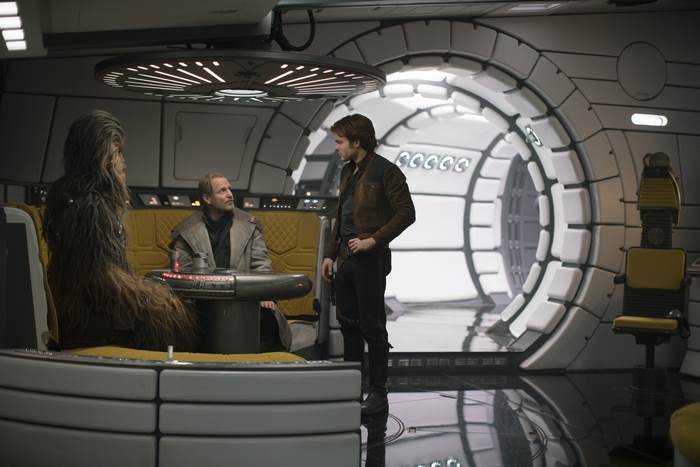 Han Solo and Tobias Beckett with Chewbacca on the Millennium Falcon