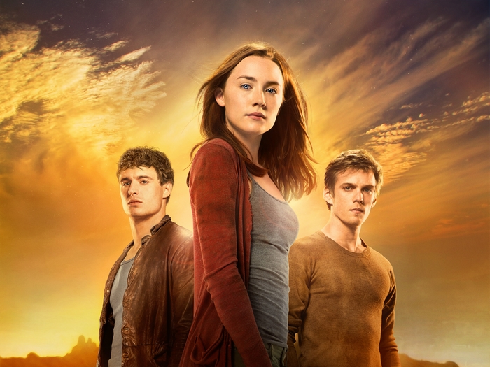 Saoirse Ronan and two men in a dramatic sky