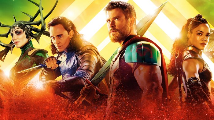 Hela, Loki, Thor, and Valkyrie from Thor: Ragnarok