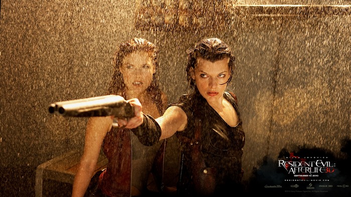 Alice and Claire from Resident Evil: Afterlife in the rain
