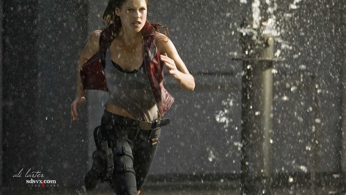 Ali Larter running in the rain