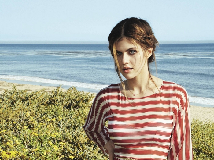 Alexandra Daddario in Red and White Striped Top