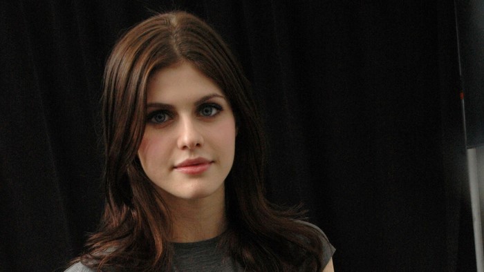 Alexandra Daddario Portrait with Dark Hair and Blue Eyes
