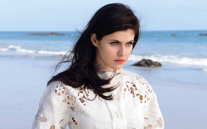 Alexandra Daddario at the Beach in White Dress