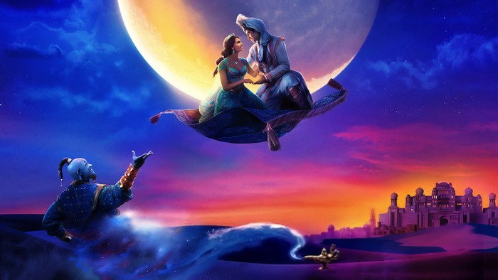 Aladdin and Jasmine flying on a magic carpet with Genie