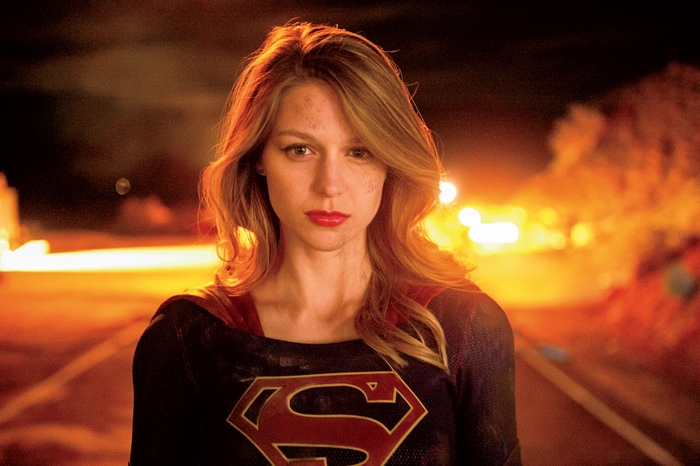 Melissa Benoist as Supergirl in a fiery scene