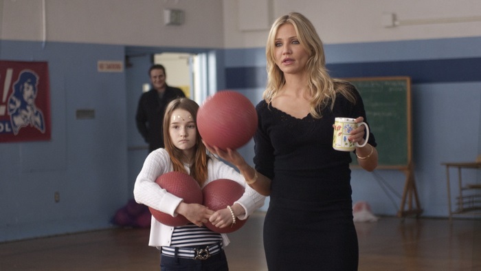 Cameron Diaz and girl with balls in gym