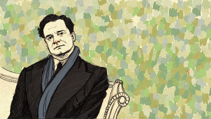 Colin Firth in a suit and scarf