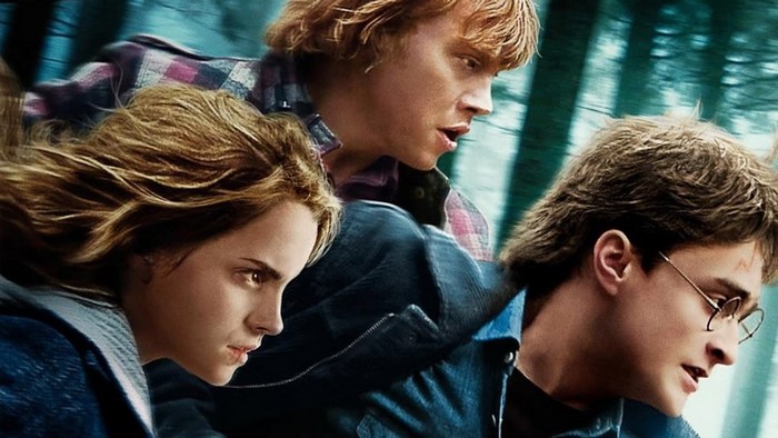 Harry Potter, Ron Weasley, and Hermione Granger in a forest