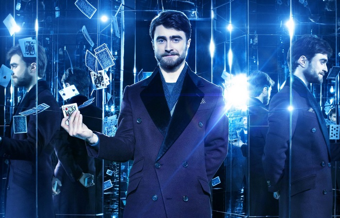 Daniel Radcliffe in a mirror room with playing cards