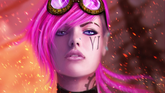 Vi from Arcane with pink hair and goggles