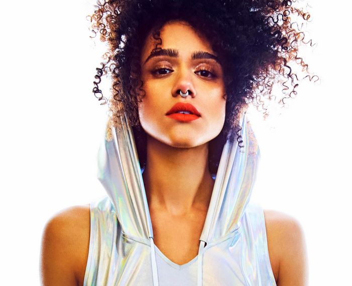 Nathalie Emmanuel with nose ring and hoodie