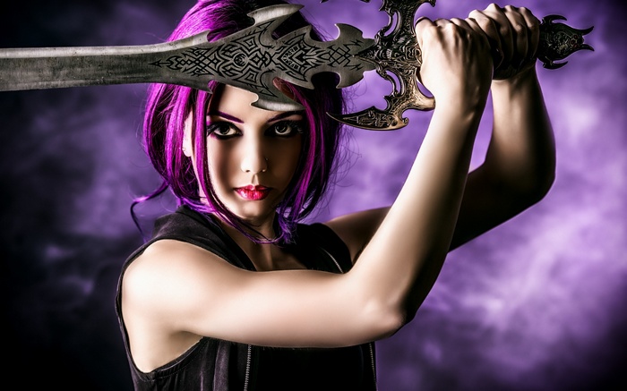 Woman with purple hair holding a sword
