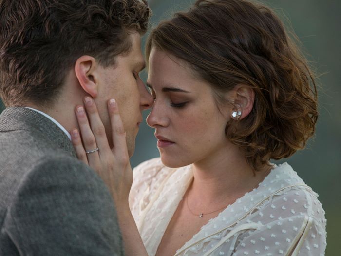 Jesse Eisenberg and Kristen Stewart close up