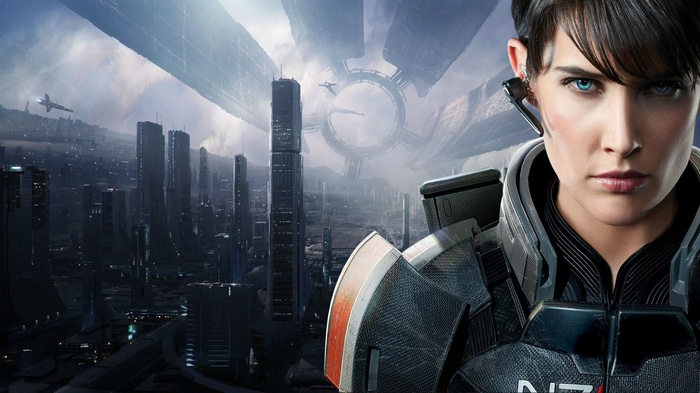 Female soldier in armor with futuristic city background