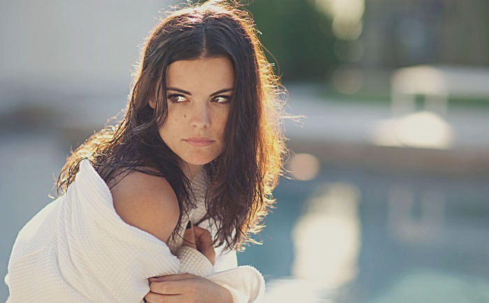 Jaimie Alexander wrapped in a white robe