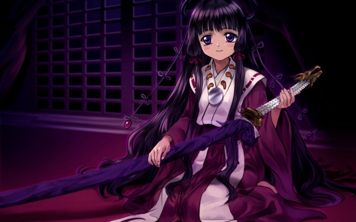 Anime girl in kimono holding a sword