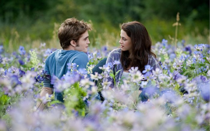 Robert Pattinson and Kristen Stewart in a field of flowers