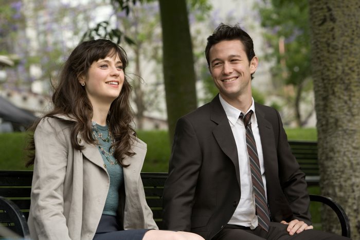 Joseph Gordon-Levitt and Zooey Deschanel sitting on a bench