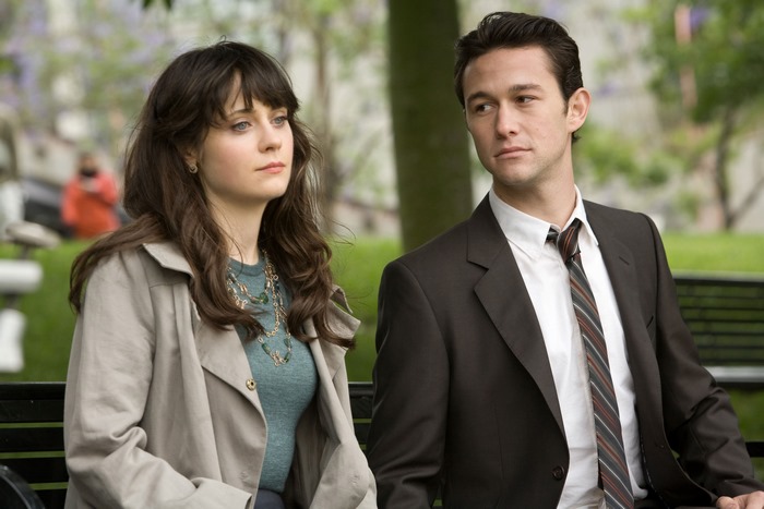 Joseph Gordon-Levitt and Zooey Deschanel sitting on a bench