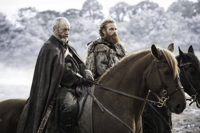 Liam Cunningham and Kristofer Hivju on horseback
