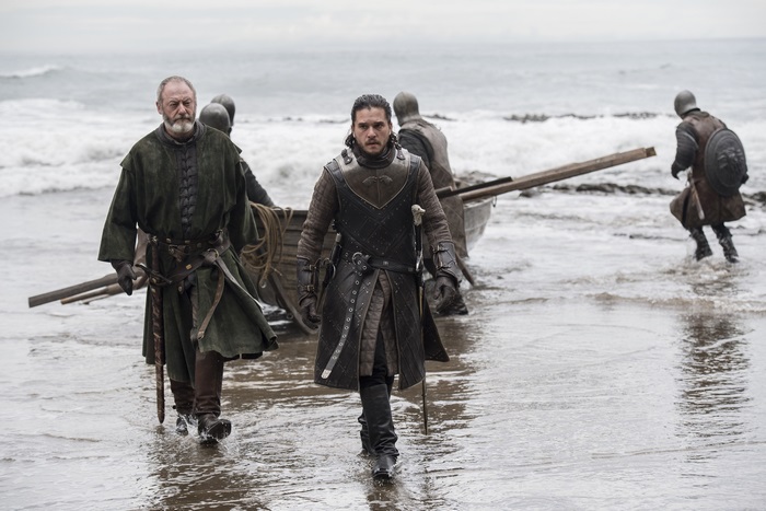 Liam Cunningham and Jon Snow on a beach