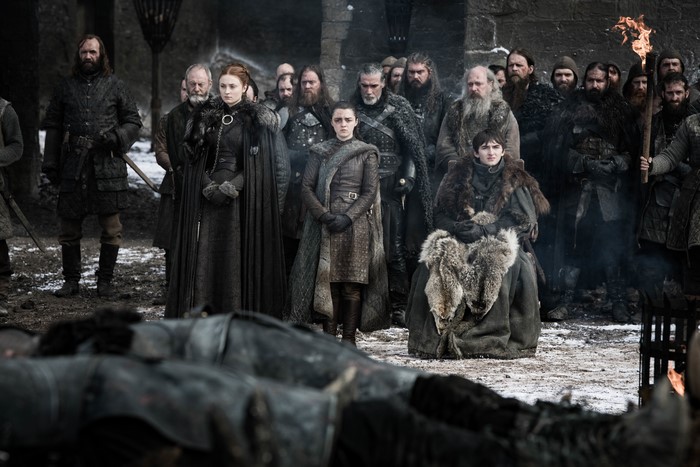 Sansa Stark, Arya Stark, Bran Stark, and Davos Seaworth in Winterfell