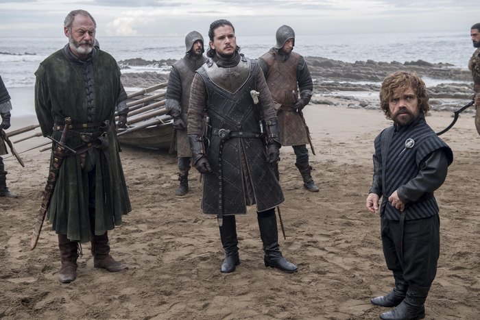 Davos Seaworth, Jon Snow, and Tyrion Lannister on a beach
