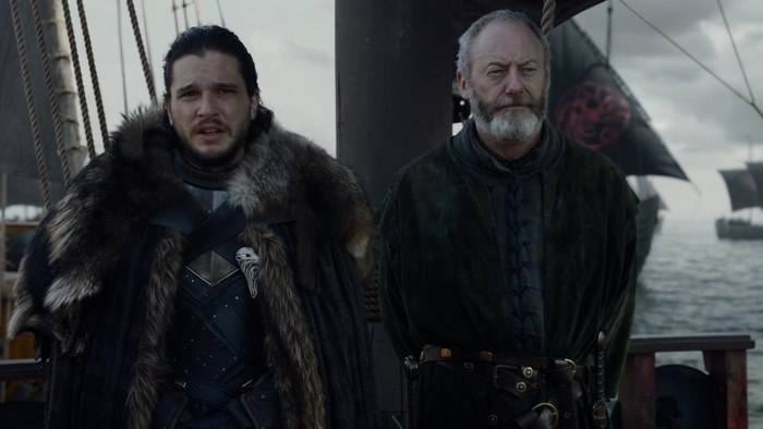 Jon Snow and Davos Seaworth on a ship