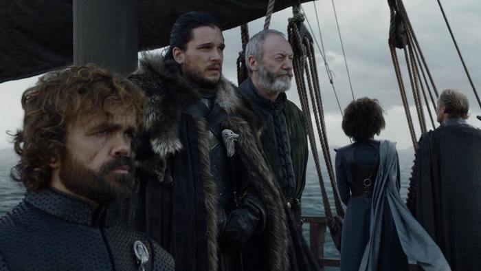 Game of Thrones: Jon Snow, Tyrion Lannister, Davos Seaworth, and others on a ship