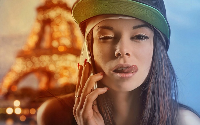 Woman on phone with Eiffel Tower