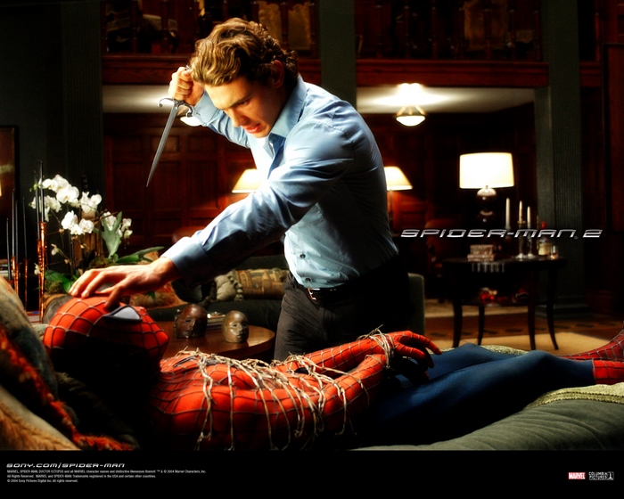 Harry Osborn from Spider-Man 2 holding a knife over Spider-Man