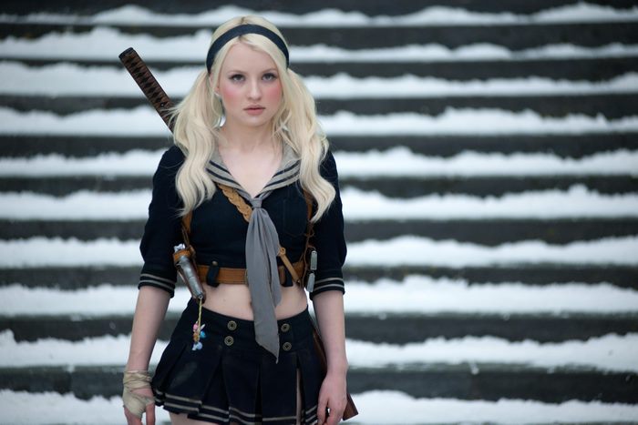 Emily Browning with a sword